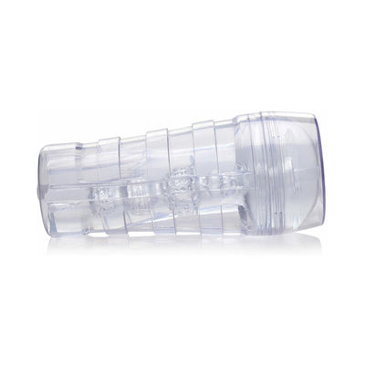 Clear textured male stroker with ribbed exterior and internal nubs, designed for controlled suction and easy cleaning.