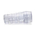 Clear textured male stroker with ribbed exterior and internal nubs, designed for controlled suction and easy cleaning.