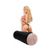 Ivory-colored deluxe stroker with black outer case shown alongside a blonde model in black lingerie.