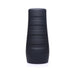 Black textured cylindrical male stroker with a ribbed exterior for grip on a white background.