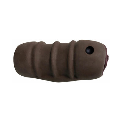 Chocolate-colored dual-entry vibrating stroker with textured ergonomic design and built-in bullet for enhanced stimulation.