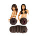 Mistress Double Vibrating Stroker in chocolate color with dual textured openings and images of two women modeling lingerie.