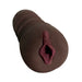 Chocolate-colored dual-entry vibrating stroker with realistic textured openings and ergonomic grip design.