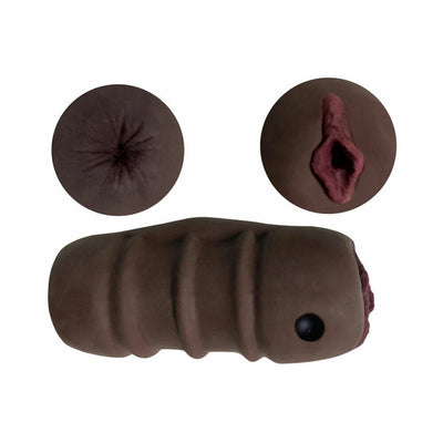 Chocolate-colored dual-entry vibrating stroker with textured vaginal and anal openings and ergonomic grip.