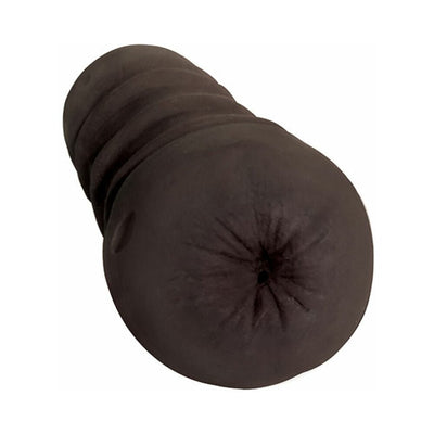 Chocolate-colored dual-entry vibrating stroker with textured ergonomic design for realistic pleasure.