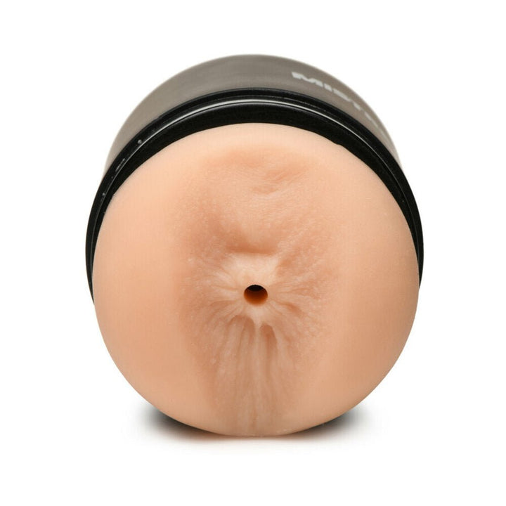 Compact double-ended stroker with lifelike texture and dual entry points in light skin tone.