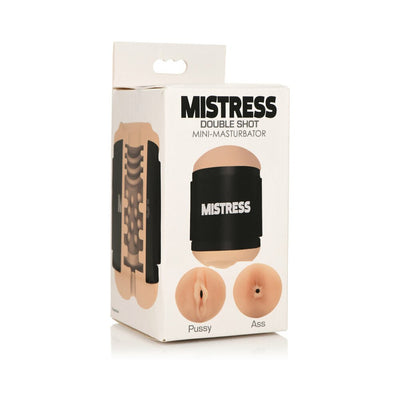 Packaging box of Mistress Double Shot Mini-Masturbator showing product design and dual entry points labeled pussy and ass.