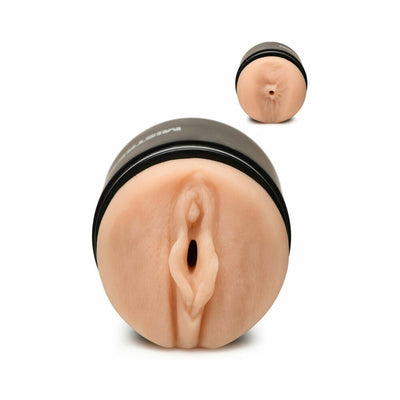 Compact double-ended stroker with lifelike vaginal and anal openings in a discreet black casing.