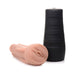 Tan silicone stroker with realistic design and black textured storage case standing beside it on white background.