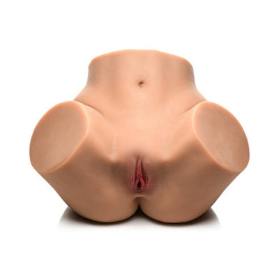 Lifelike medium-sized torso masturbator with realistic vaginal and anal openings in soft skin-tone material.