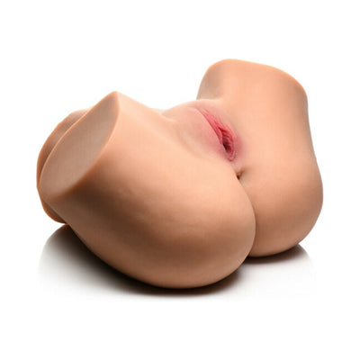 Lifelike medium-sized vibrating and squeezing masturbator with detailed textured tunnels and realistic skin tone.
