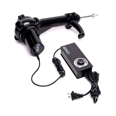 Black MOD Love Deluxe Thruster Machine with attached power cord and control box featuring adjustable dial and plug.