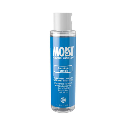 Bottle of Moist Premium Formula water-based personal lubricant 4.4 oz with blue label and white flip cap