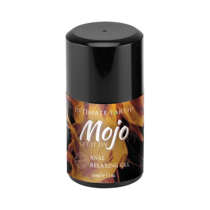 Mojo Clove Oil Anal Relaxing Gel 1 oz bottle with black cap and fiery label design by Intimate Earth