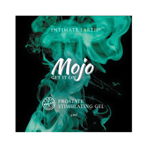 Mojo prostate stimulating gel 3ml foil packet with teal smoke design and vegan label on black background