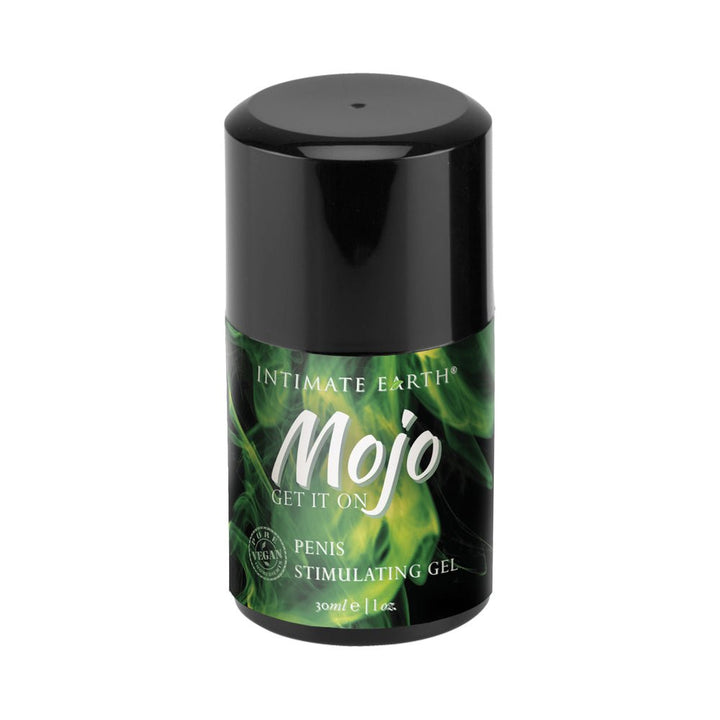 Mojo Niacin and ginseng penis stimulating gel in a 1 oz black and green bottle with vegan label