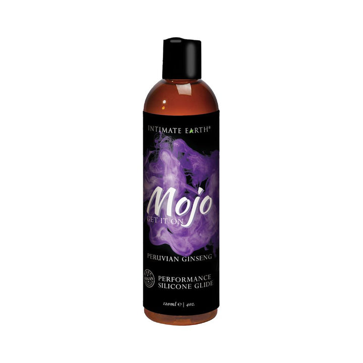Bottle of Mojo Peruvian Ginseng Performance Silicone Glide with purple smoke design on black label, 4 oz size.