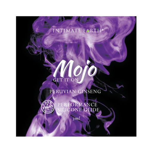Mojo Peruvian Ginseng Performance Silicone Glide 3ml foil packet with purple smoke design on black background