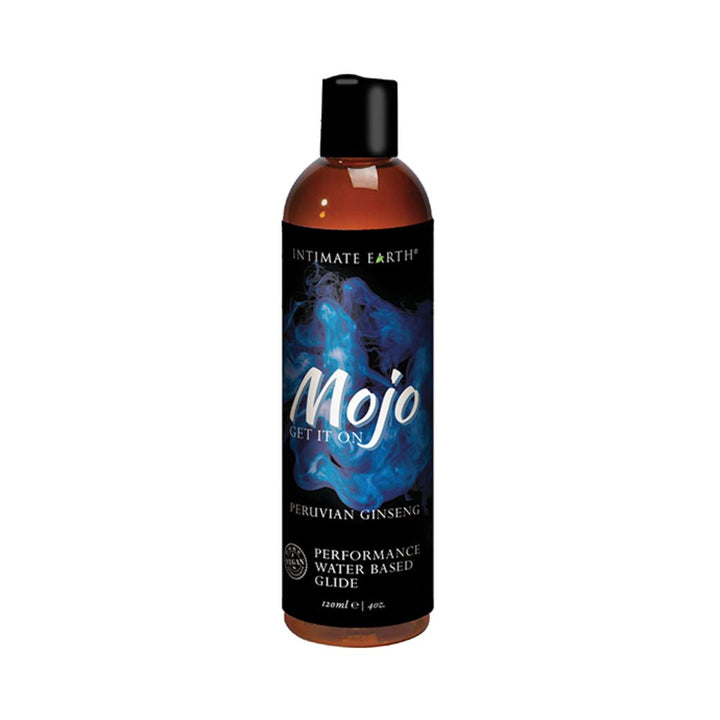 Bottle of Mojo Peruvian Ginseng water-based personal lubricant with black label and blue smoke design, 4 oz size.