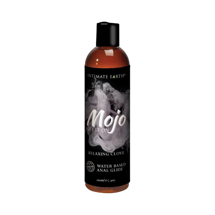 Bottle of Mojo water-based anal relaxing glide with black label and smoky design, 4 oz size