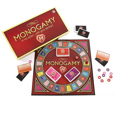 Monogamy A Hot Affair board game set with cards, colorful tokens, and a red and gold game board.