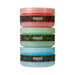 Stacked containers of Mood Arousal Gels in warm strawberry, tingle mint, and intensify spice flavors with colorful lids.