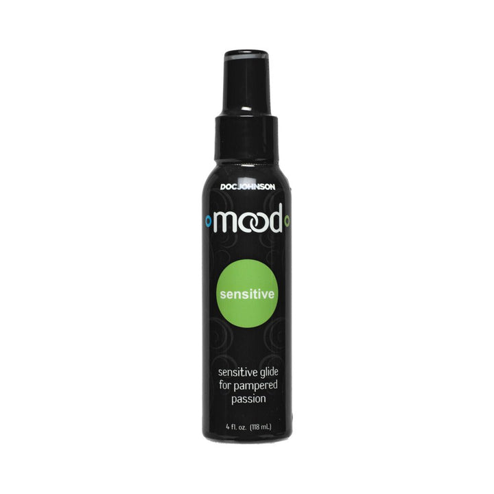 Mood Lube Sensitive 4oz black pump bottle with green label for gentle, water-based lubricant designed for sensitive skin.