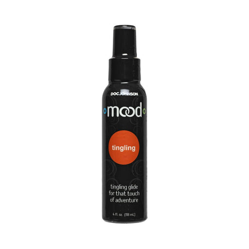Black 4oz pump bottle of Mood Tingling Lube by Doc Johnson with orange label and white text on white background.
