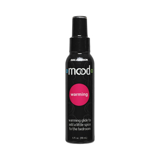 Bottle of Mood Lube Warming 4oz with black packaging and pink label for a warming glide effect.