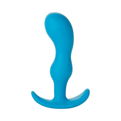 Blue large silicone butt plug with ergonomic curved base for comfort and easy handling.
