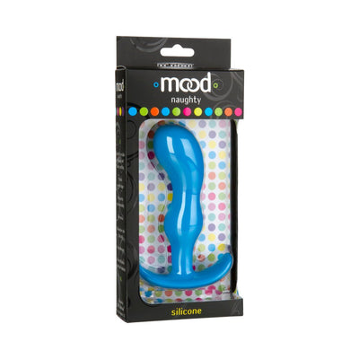 Blue large silicone butt plug with ergonomic curves in black Mood Naughty packaging with colorful polka dot background.