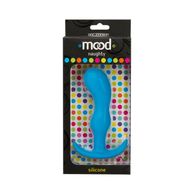 Blue silicone Mood Naughty 2 large butt plug in black packaging with colorful polka dot background.