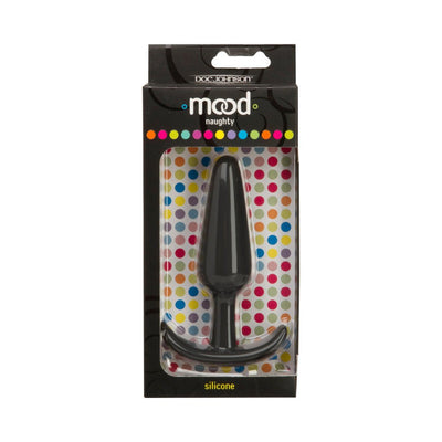 Large black silicone butt plug with curved base in colorful polka dot packaging labeled Mood Naughty by Doc Johnson