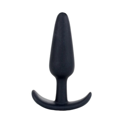 Large black silicone butt plug with curved T-shaped base for safe and comfortable use.