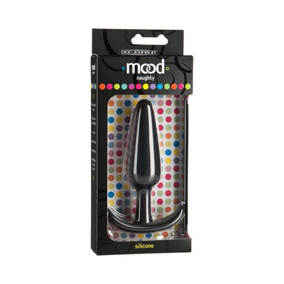 Large black silicone butt plug with curved t-base in colorful polka dot packaging labeled Mood Naughty.