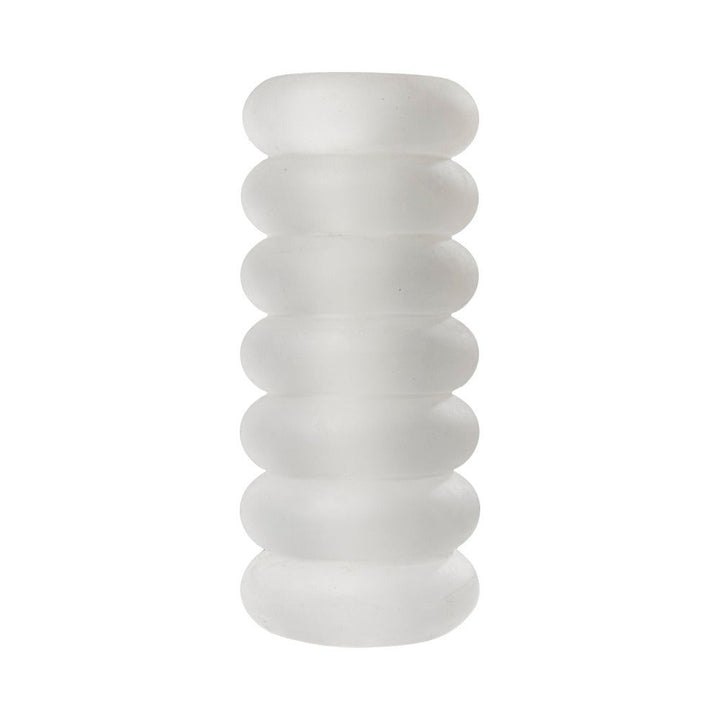 Clear textured hand-held stroker with a ribbed design for varied sensation and easy grip.