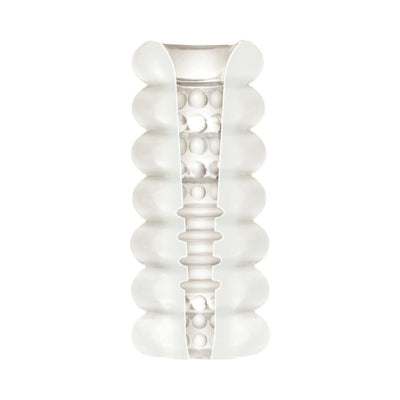 Cross-section view of the Mood Thrill Triple Hand Held Stroker showing its textured internal tunnel with beads and ribbing.