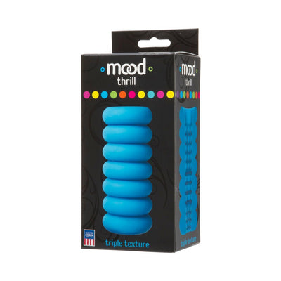 Packaging of Mood Thrill Triple Hand Held Stroker in blue with triple texture design on black box.