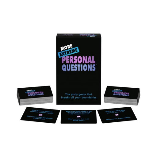 More Extreme Personal Questions party game box with stacks of question cards and sample cards displayed.