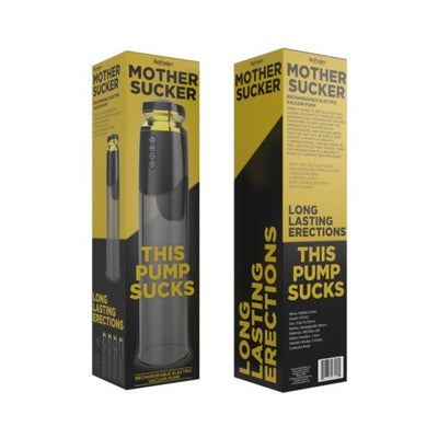 Packaging of the Mother Sucker rechargeable electric vacuum pump with bold yellow and black design and product features.