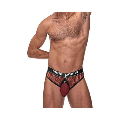 Male model wearing red fishnet cock ring thong with black trim and branded waistband on white background