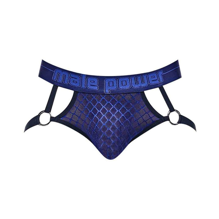 Blue diamond mesh jockstrap with branded elastic waistband and nickel-plated ring accents by Male Power.