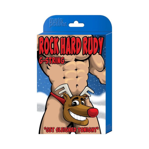 Packaging of Rock Hard Rudy novelty reindeer-themed G-string with cartoon muscular torso and festive design.