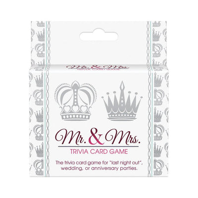 Mr. and Mrs. Trivia Card Game box with crown illustrations, designed for weddings, anniversaries, and couples' parties.