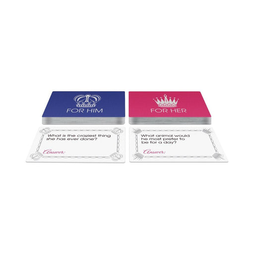 Mr. and Mrs. Trivia Card Game with separate blue "For Him" and pink "For Her" question cards for couples.