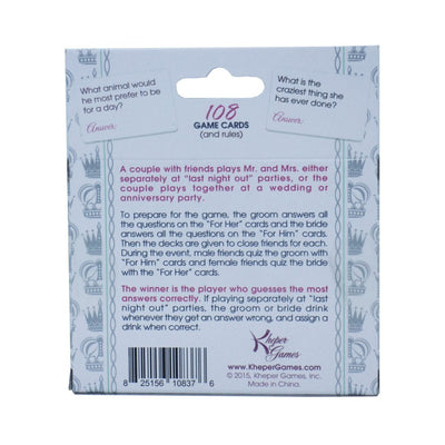 Back of Mr. and Mrs. Trivia Card Game box showing game instructions and sample question cards.