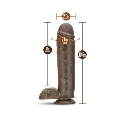Chocolate-colored realistic dildo with suction cup base, 10.5 inches long and 2.5 inches wide, detailed texture and girth measurements.