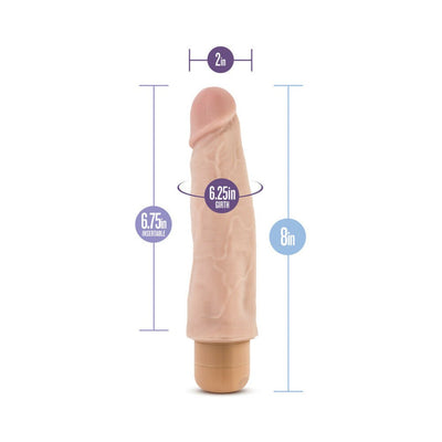 Beige realistic vibrator with detailed texture, measuring 8 inches long, 2 inches wide, and 6.25 inches girth.