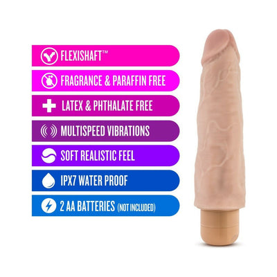 Beige realistic vibrator with veined texture and twist-dial base, highlighting features like multispeed vibrations and waterproof design.