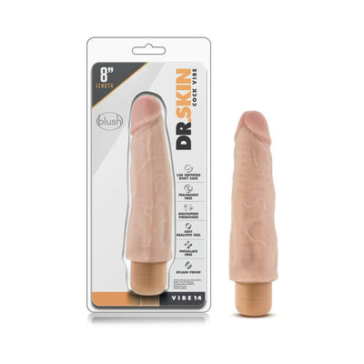 Beige realistic 8-inch vibrator with veined texture and twist-dial base shown in packaging and separately.